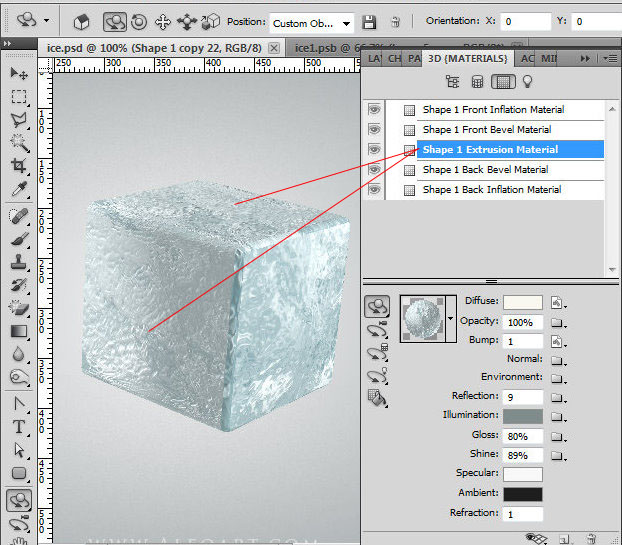 Ice cube 3D photoshop tools tutorial. 3D scene ice cube and cherry inside, ice txture effect in photoshop, ice reflection, 3D rendering, 3D light effects, realistic ice effectt, winterphotoshop  ideas